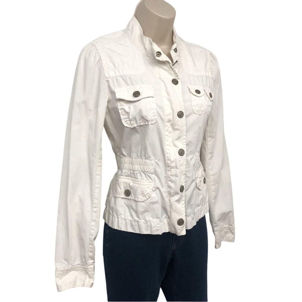 Ann Taylor Loft White Utility Jacket Zip Snap Front Multiple Pocket Accent Waist